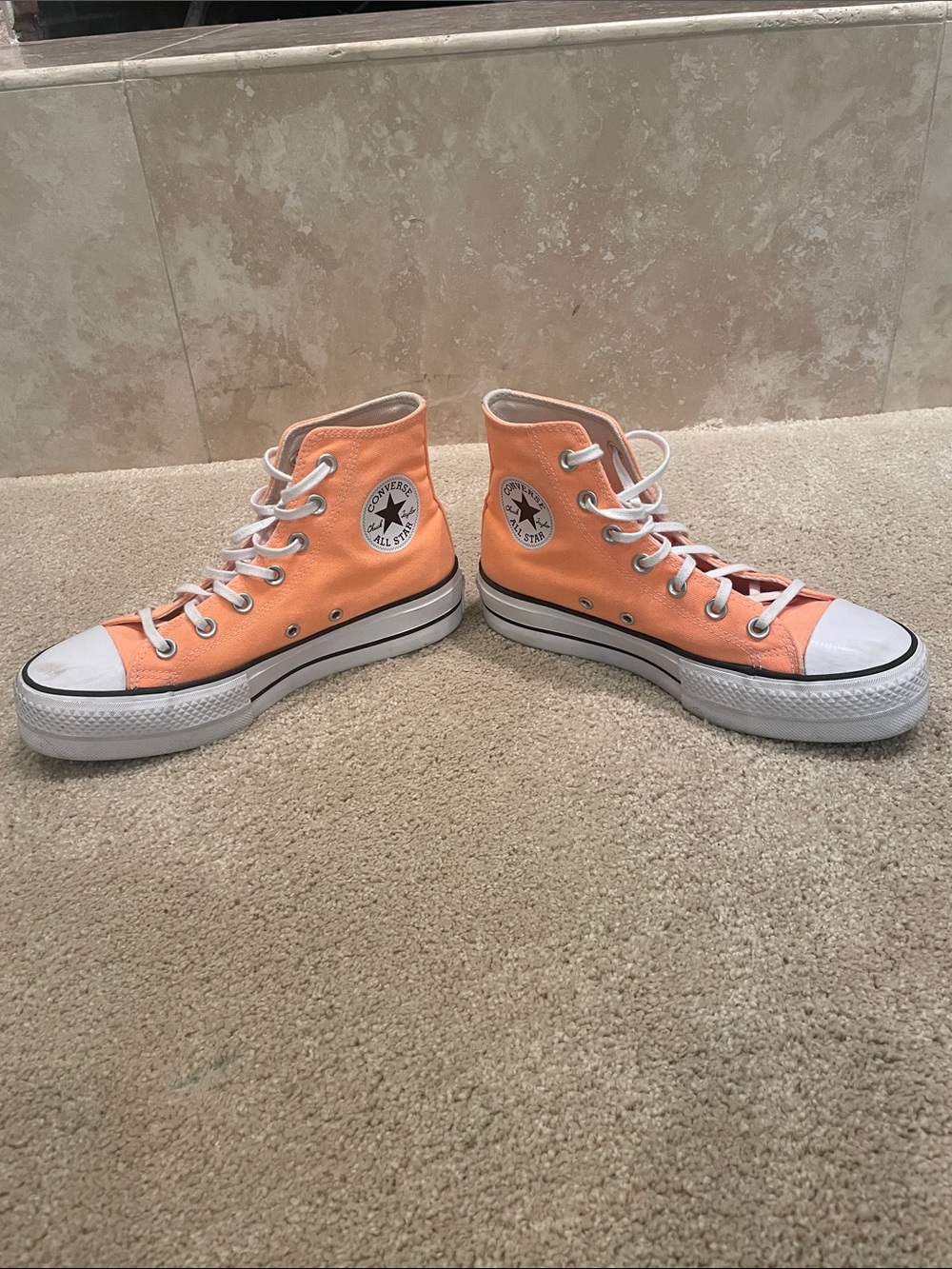 Converse All Star high top platform neon orange shoes, size 7.5